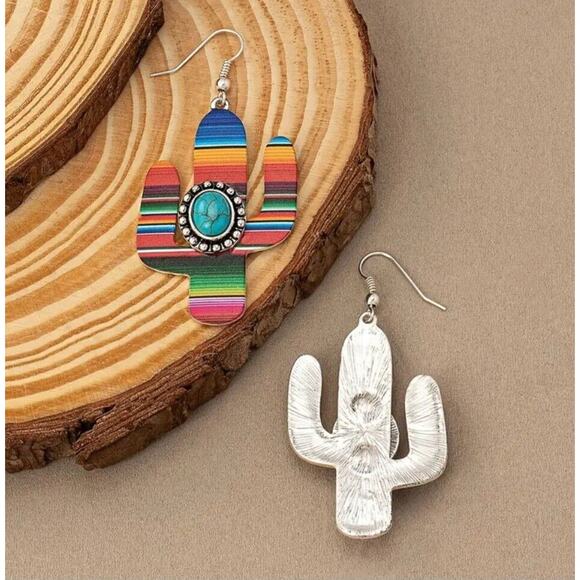 Earrings Serape Cactus Turquoise Stone Fishhook Western Boho Fashion Jewelry - Picture 5 of 5